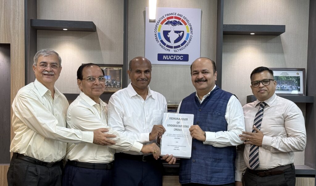 Shri Bhagwan Patil, Group President, CSC SPV and Shri Prabhat Chaturvedi, CEO, NUCFDC signed MoU at NUCFDC office