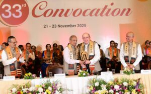 Vice Chancellor Lt. Gen. (Dr.) M. D. Venkatesh, VSM (Retd), felicitates Chief Guest Prof. (Dr.) Hany Eteiba during the 33rd MAHE Convocation